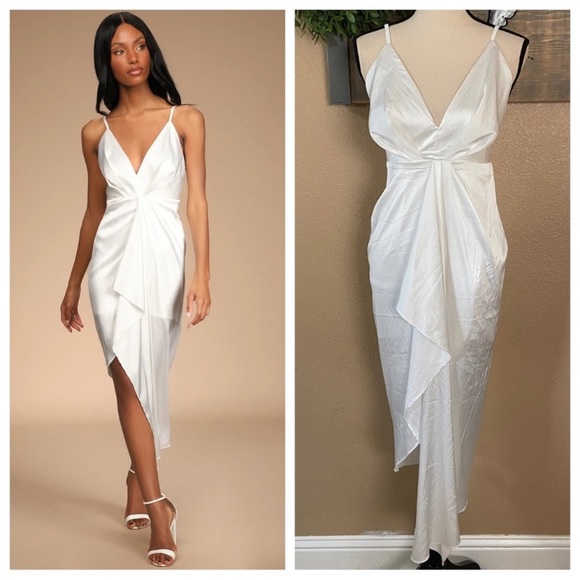 NWOT Lulus Caught Feelings White Satin Ruffled Midi Dress - Picture 3 of 13